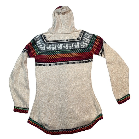 Womens Cream Alpaca Blend Colorful Knit Hooded Cardigan Sweater‎ Llama Pattern - Picture 3 of 7